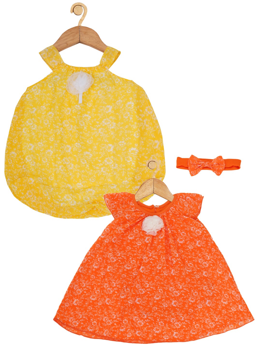 

Creative Kids Infants Girls Pack Of 2 Floral Printed Cap Sleeves A-Line Dresses, Orange