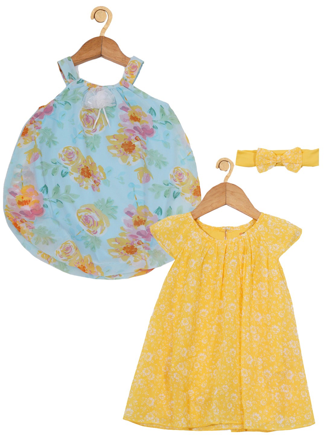 

Creative Kids Infants Girls Pack Of 2 Floral Printed Romper A Line Dresses, Blue