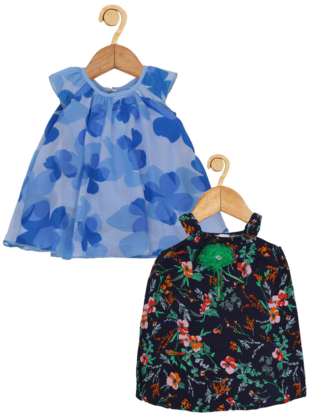 

Creative Kids Infant Girls Pack Of 2 Floral Printed Round Neck A-Line Midi Dress, Blue