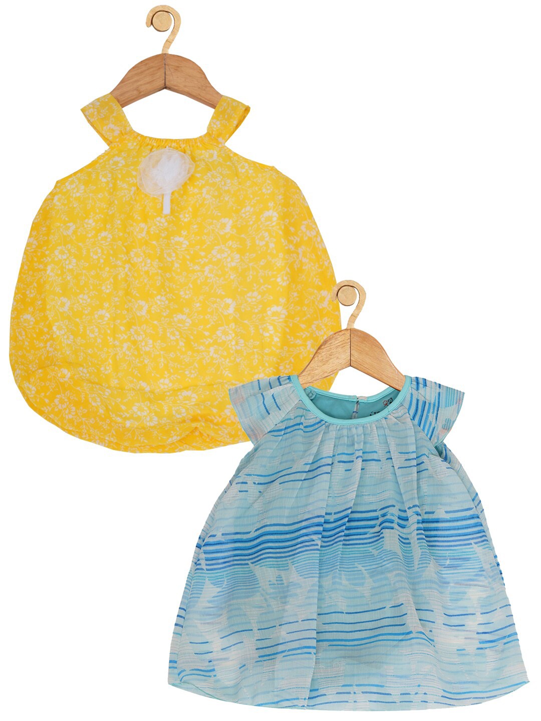 

Creative Kids Infants Girls Pack Of 2 Floral Printed Shoulder Straps Balloon Dresses, Yellow