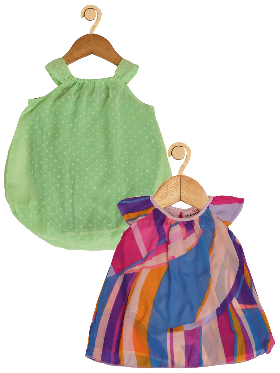 

Creative Kids Infants Girls Pack Of 2 Self Design Romper A Line Dresses, Green