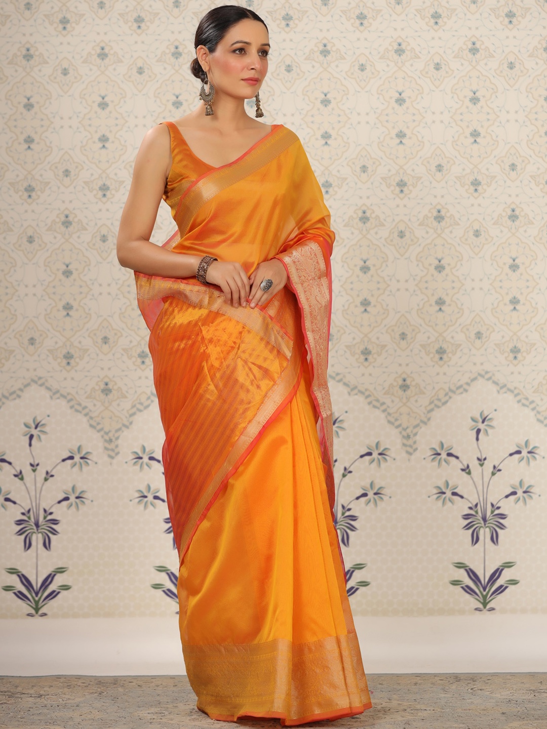 

Ode by House of Pataudi Yellow & Gold-Toned Zari Silk Cotton Saree