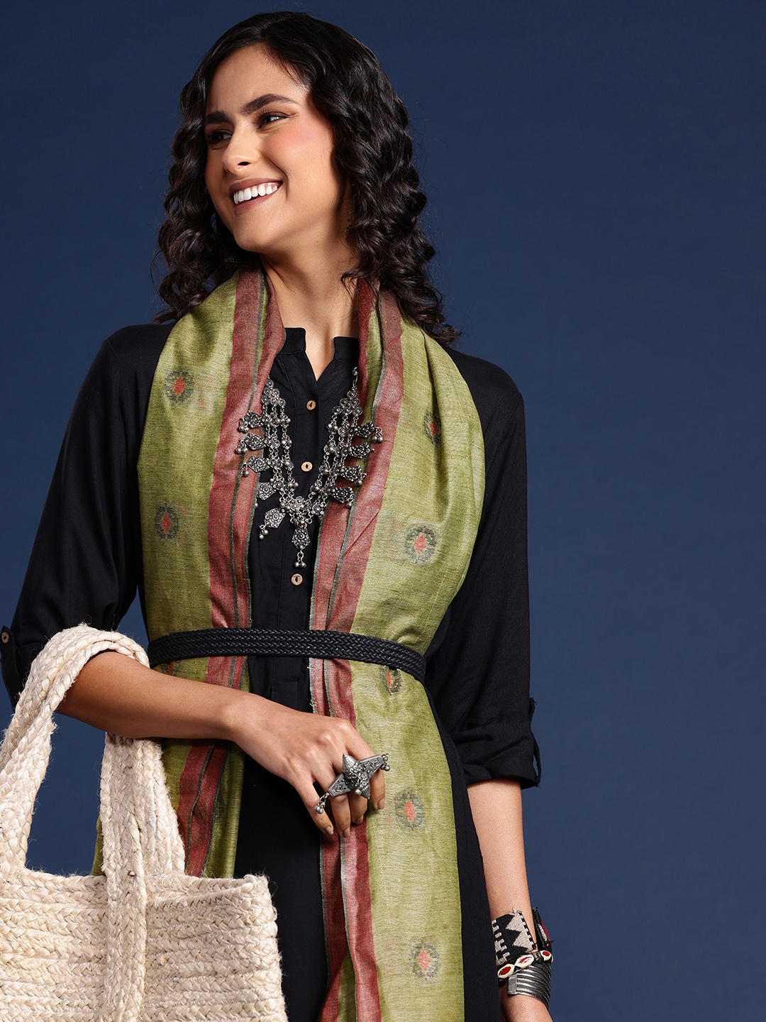 

Taavi Ethnic Motifs Printed Tasselled Dupatta, Green