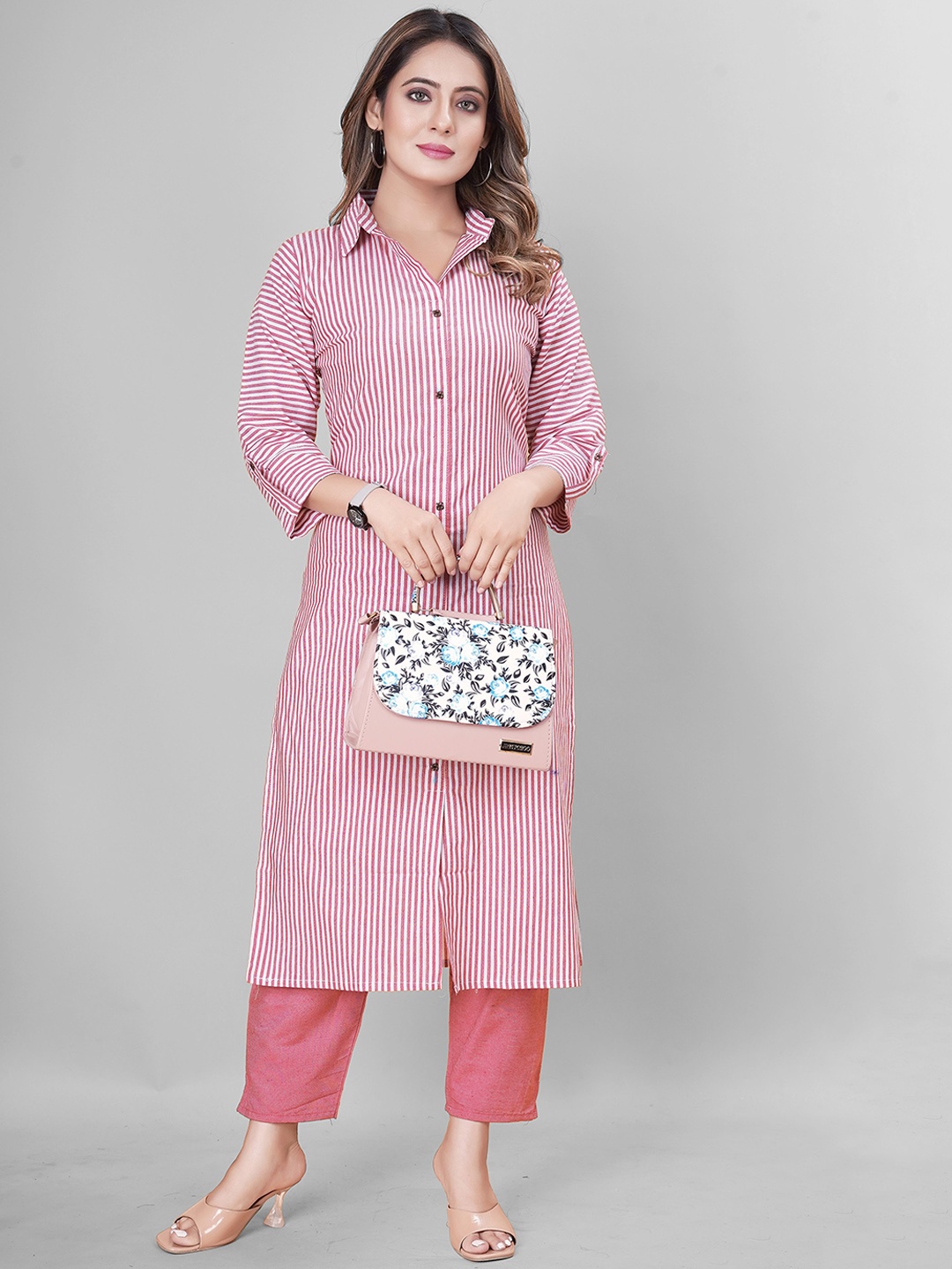 

CLOTHING JUNCTION Striped Shirt Collar Pure Cotton Kurta with Trousers, Pink