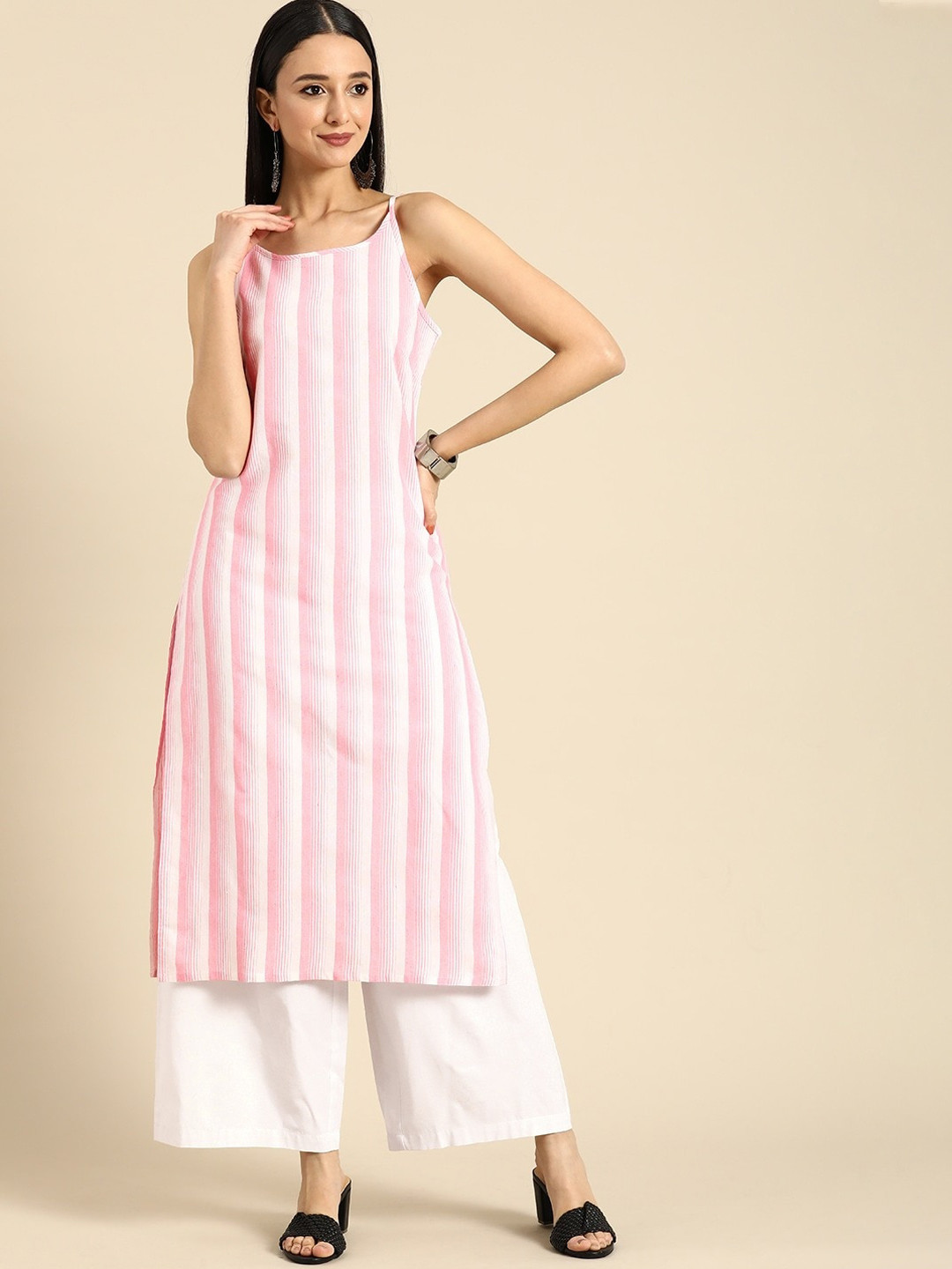 

CLOTHING JUNCTION Striped Sleeveless Pure Cotton Kurta with Palazzos, Pink