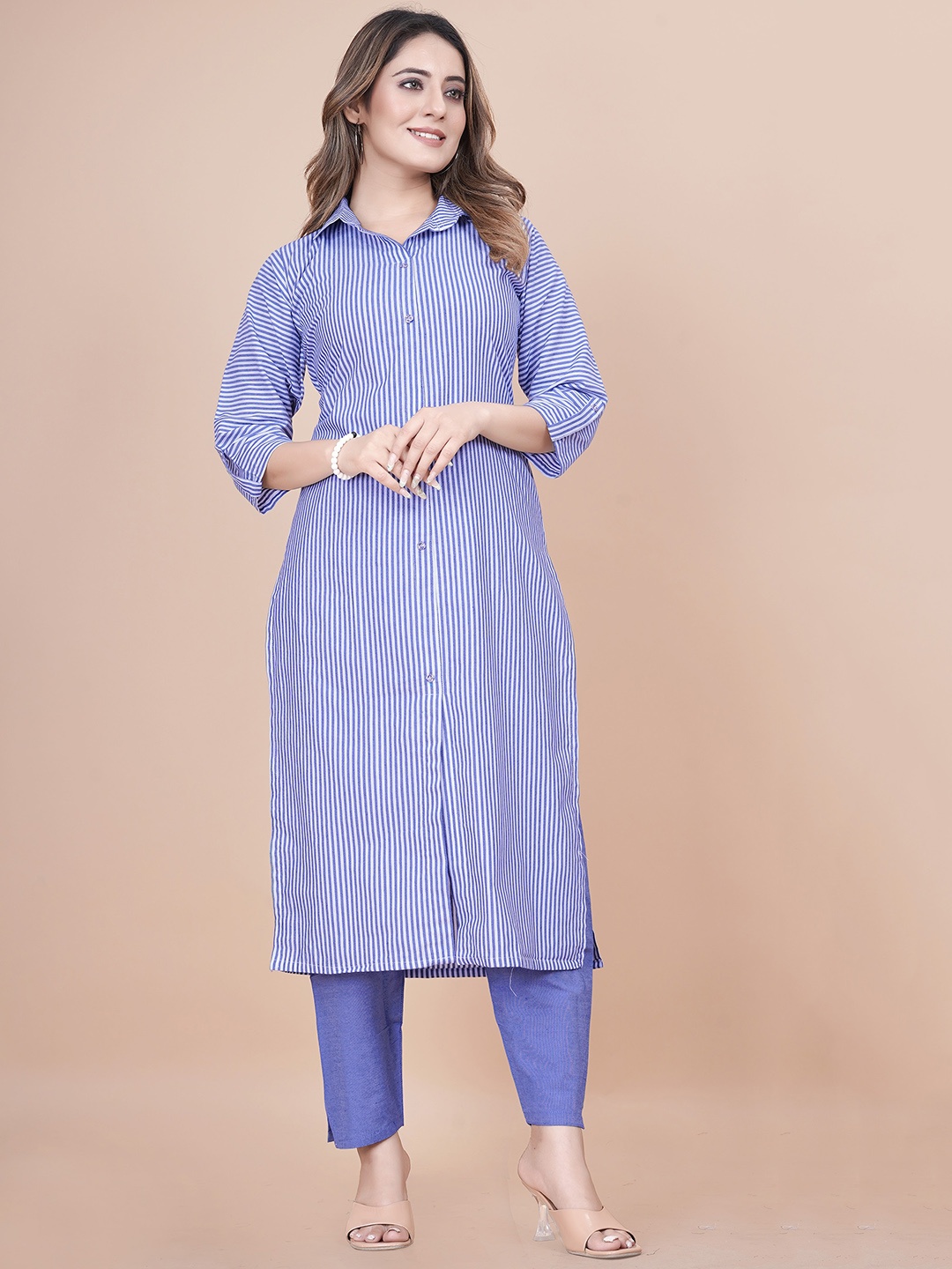 

CLOTHING JUNCTION Striped Shirt Collar Pure Cotton Kurta with Trousers, Blue