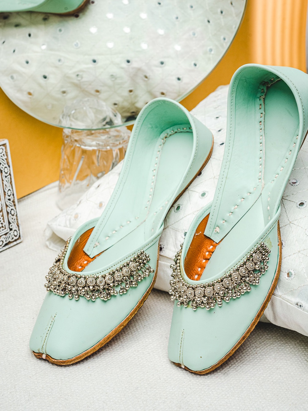

Sangria Ghunghroo Embellished Leather Mojaris, Sea green
