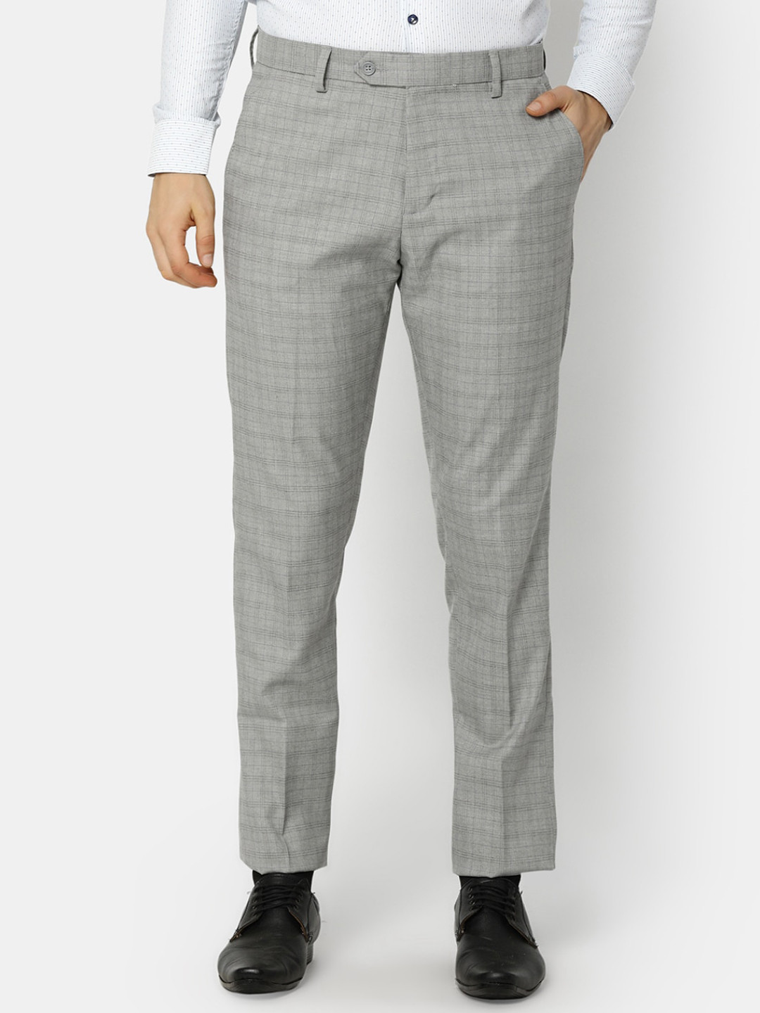 

J White by Vmart Men Checked Slim Fit Cotton Formal Trousers, Grey