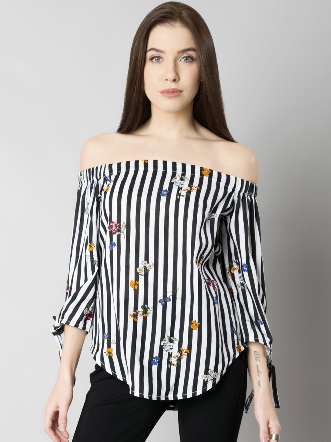 

FabAlley Women Multicoloured Striped Bardot Top, Black