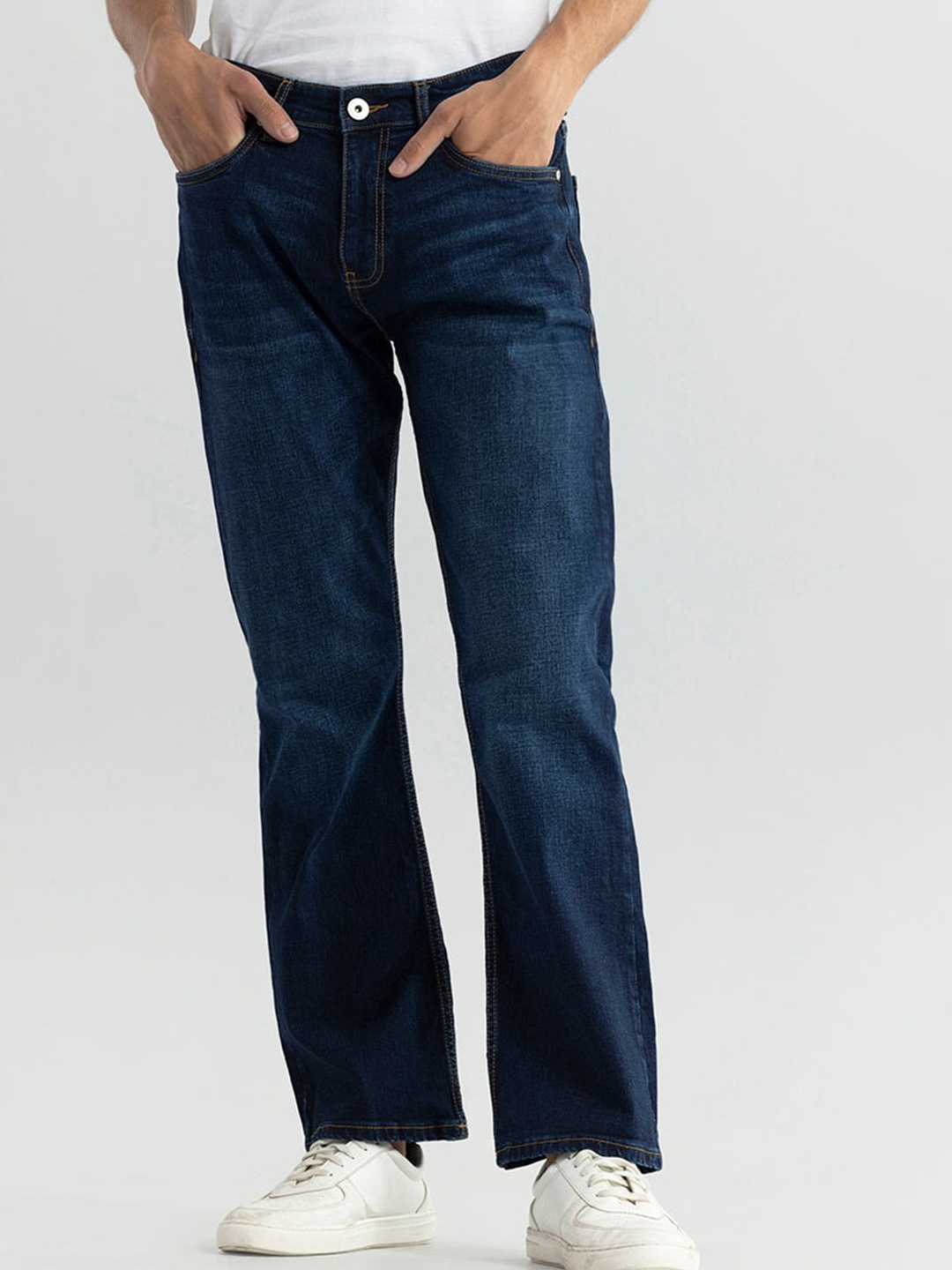 

Snitch Men Blue Classic Whiskers and Chevrons Clean Look Stretchable Bootcut Jeans