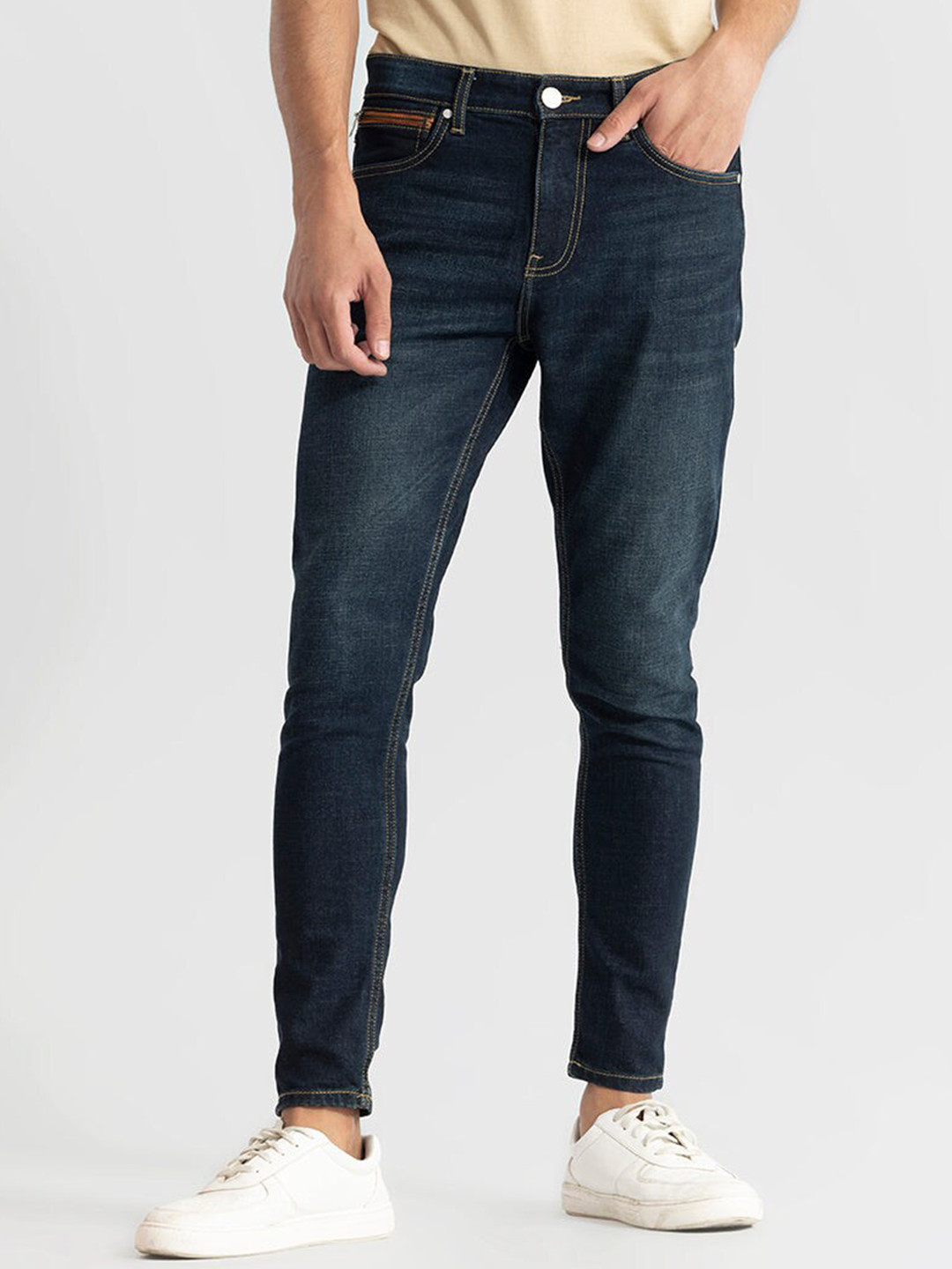 

Snitch Men Classic Skinny Fit Whiskers and Chevrons Clean Look Stretchable Jeans, Blue