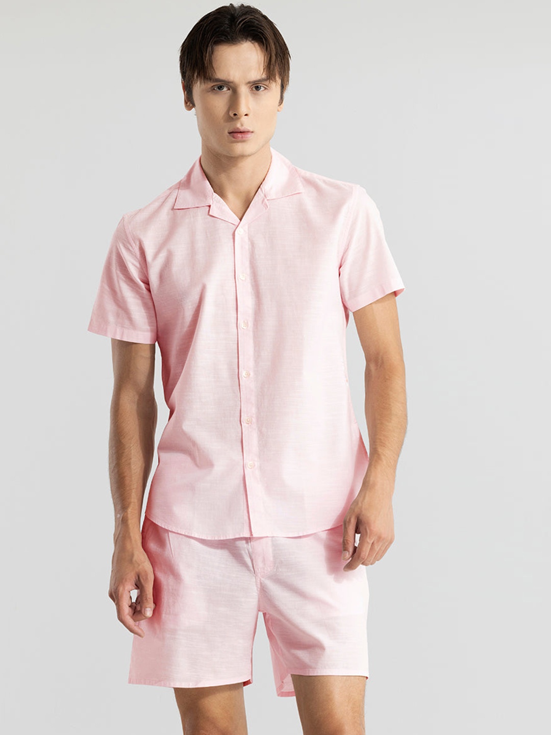 

Snitch Notch Lapel Collar Linen Cotton Shirt With Shorts, Pink