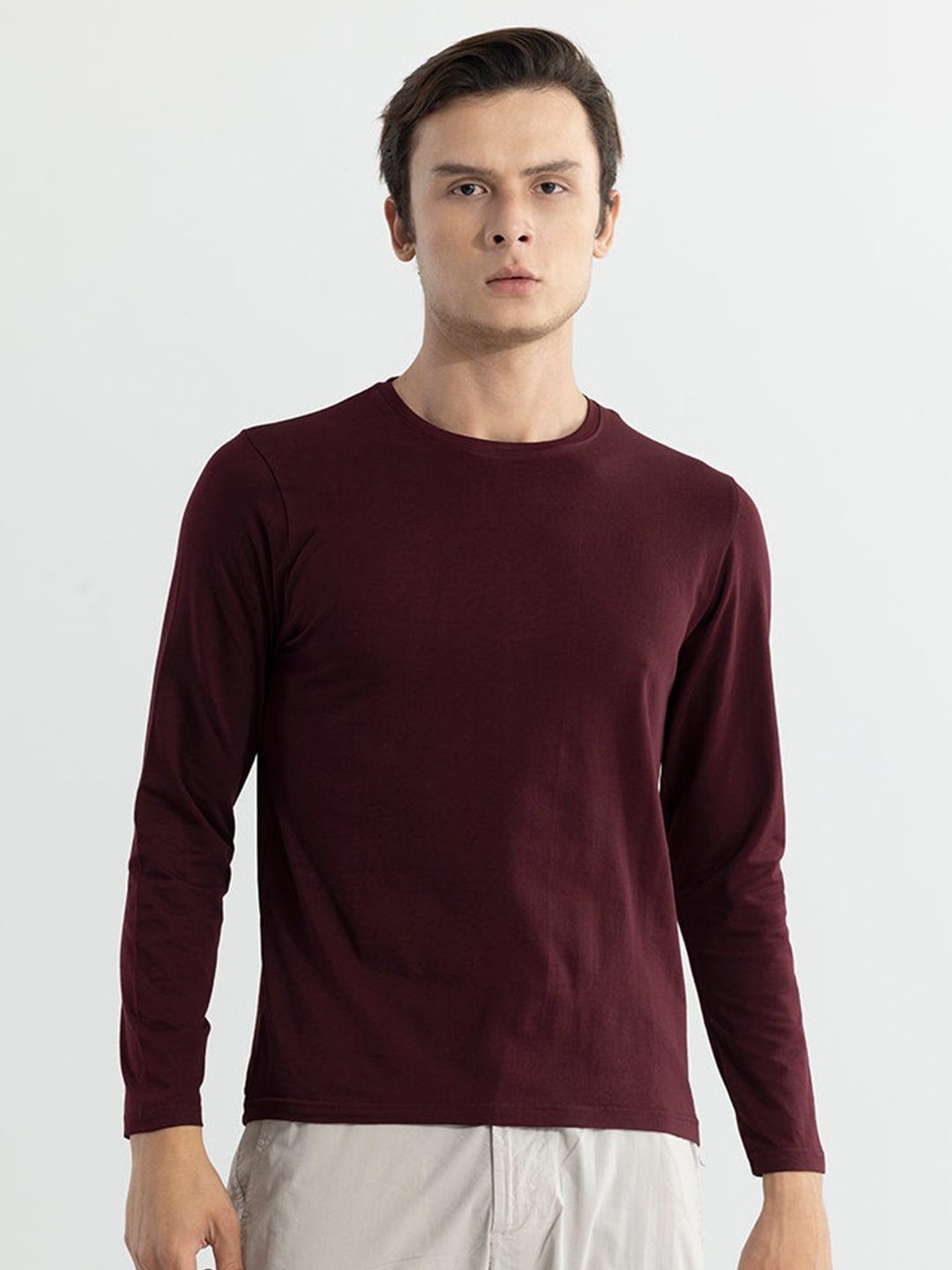 

Snitch Maroon Long Sleeves Round Neck Casual Knitted T-shirt