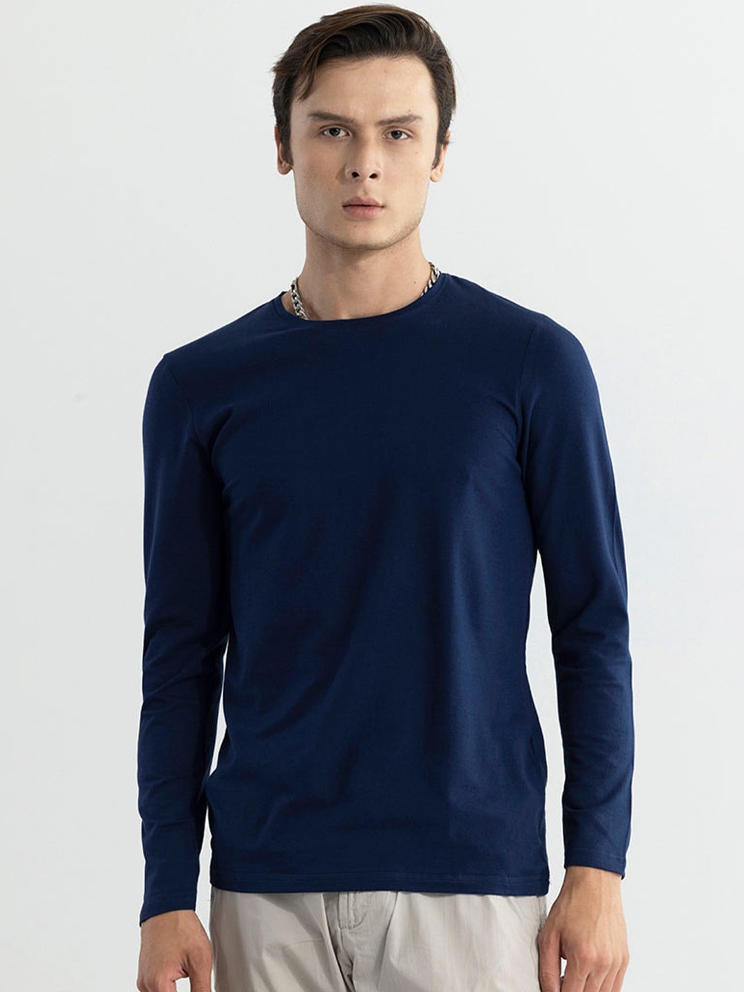 

Snitch Navy Blue Long Sleeves Round Neck Casual Knitted T-shirt