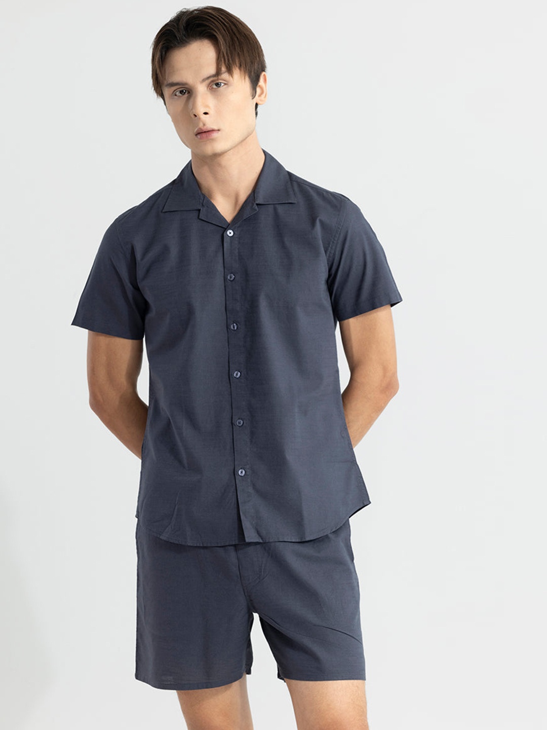 

Snitch Notch Lapel Collar Linen Shirt With Shorts, Navy blue