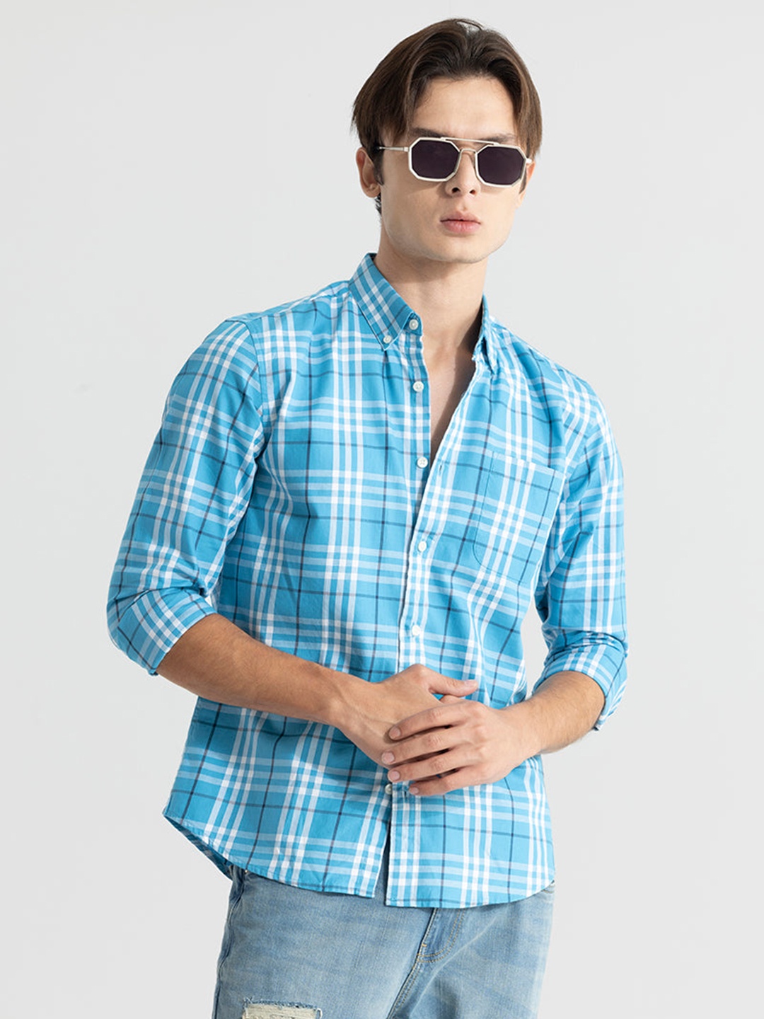 

Snitch Blue Classic Slim Fit Tartan Checked Pure Cotton Casual Shirt