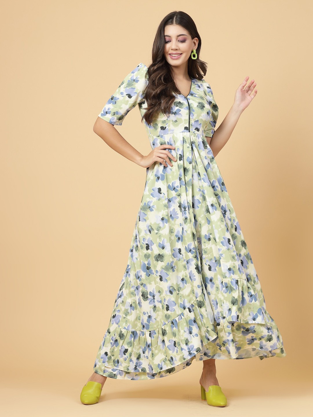 

RAASSIO Floral Printed Puff Sleeves Maxi Dress, Green