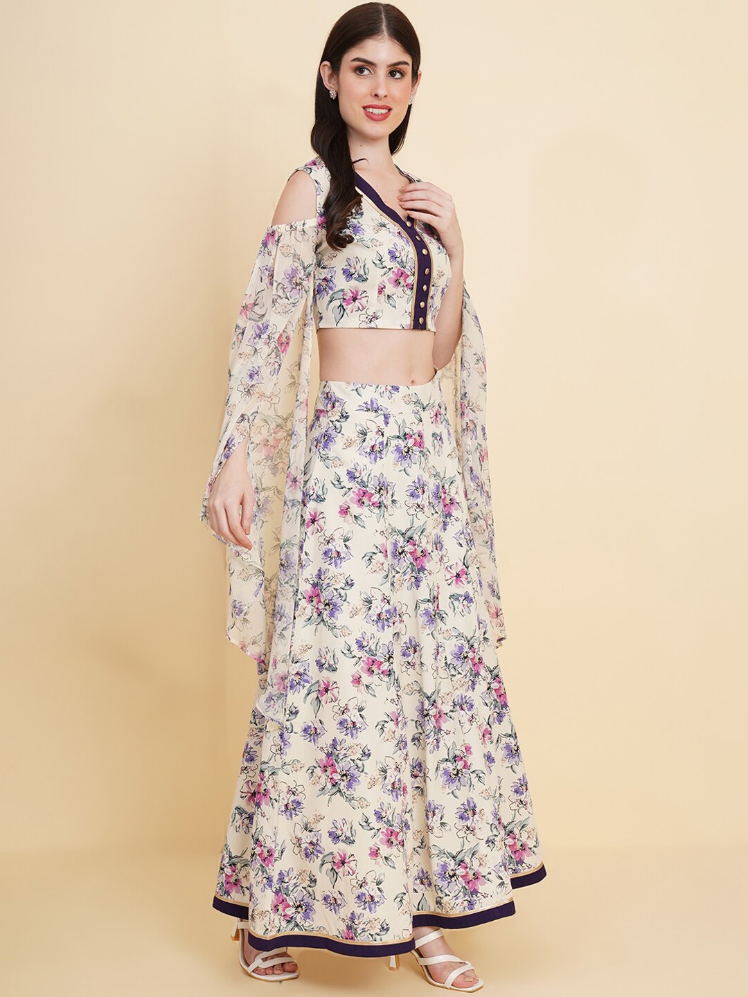 

RAASSIO Floral Printed V-Neck Crop Top With Printed Skirt, Cream