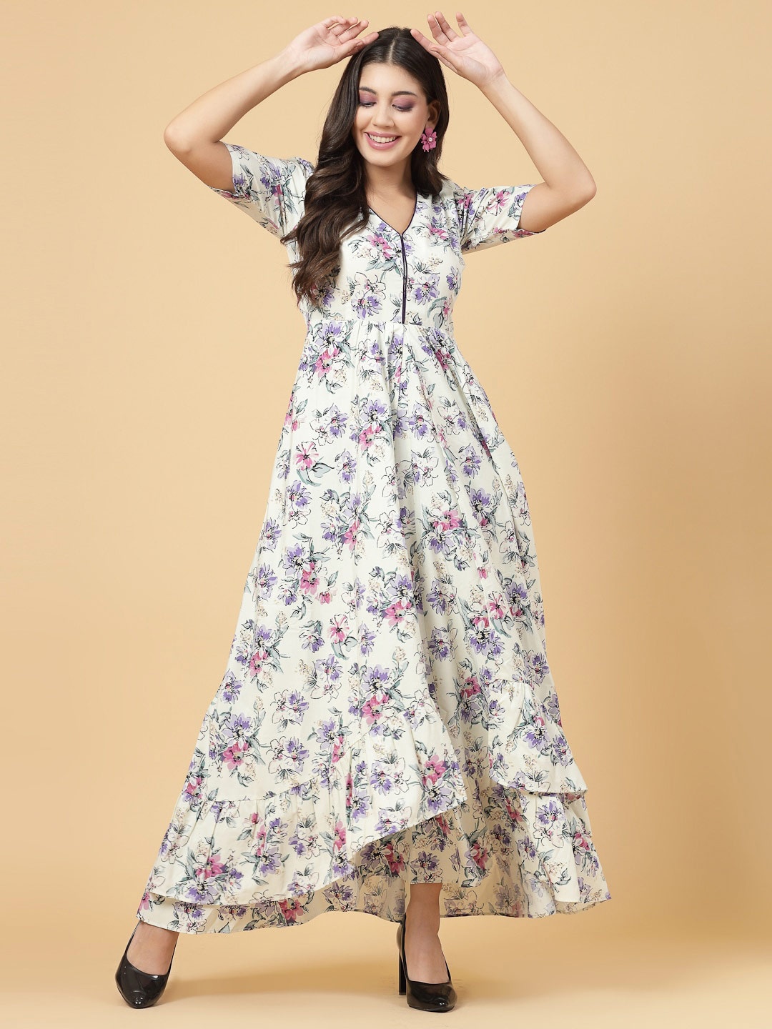 

RAASSIO Floral Printed Puff Sleeves Maxi Dress, Off white