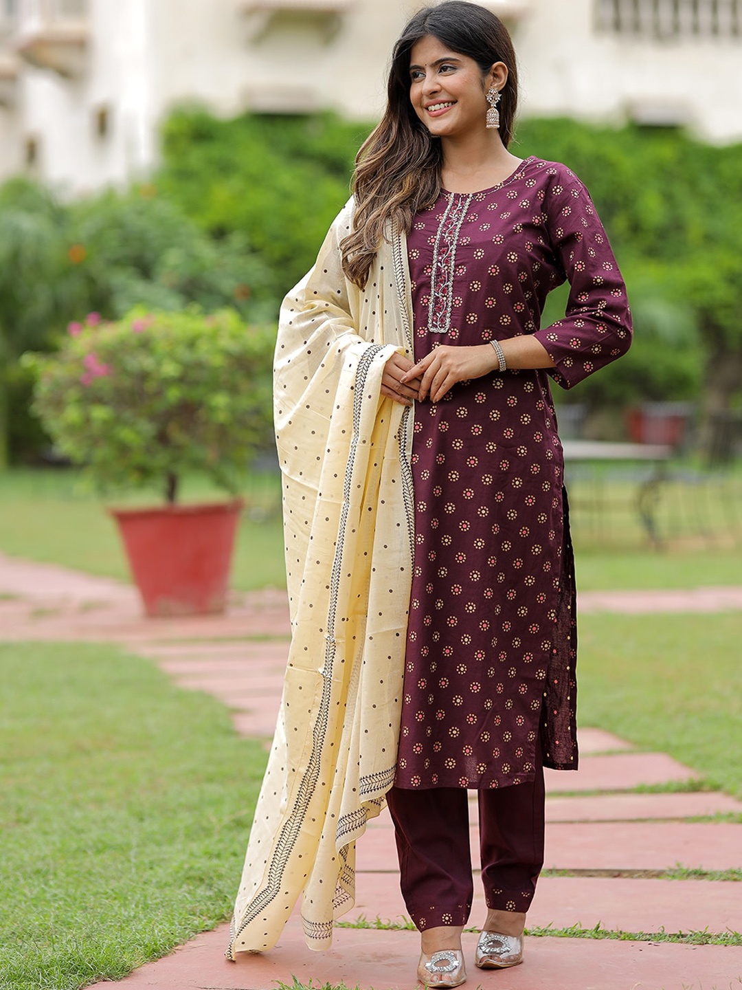 

KALINI Ethnic Motifs Printed Pure Cotton Straight Kurta & Trousers With Dupatta, Maroon