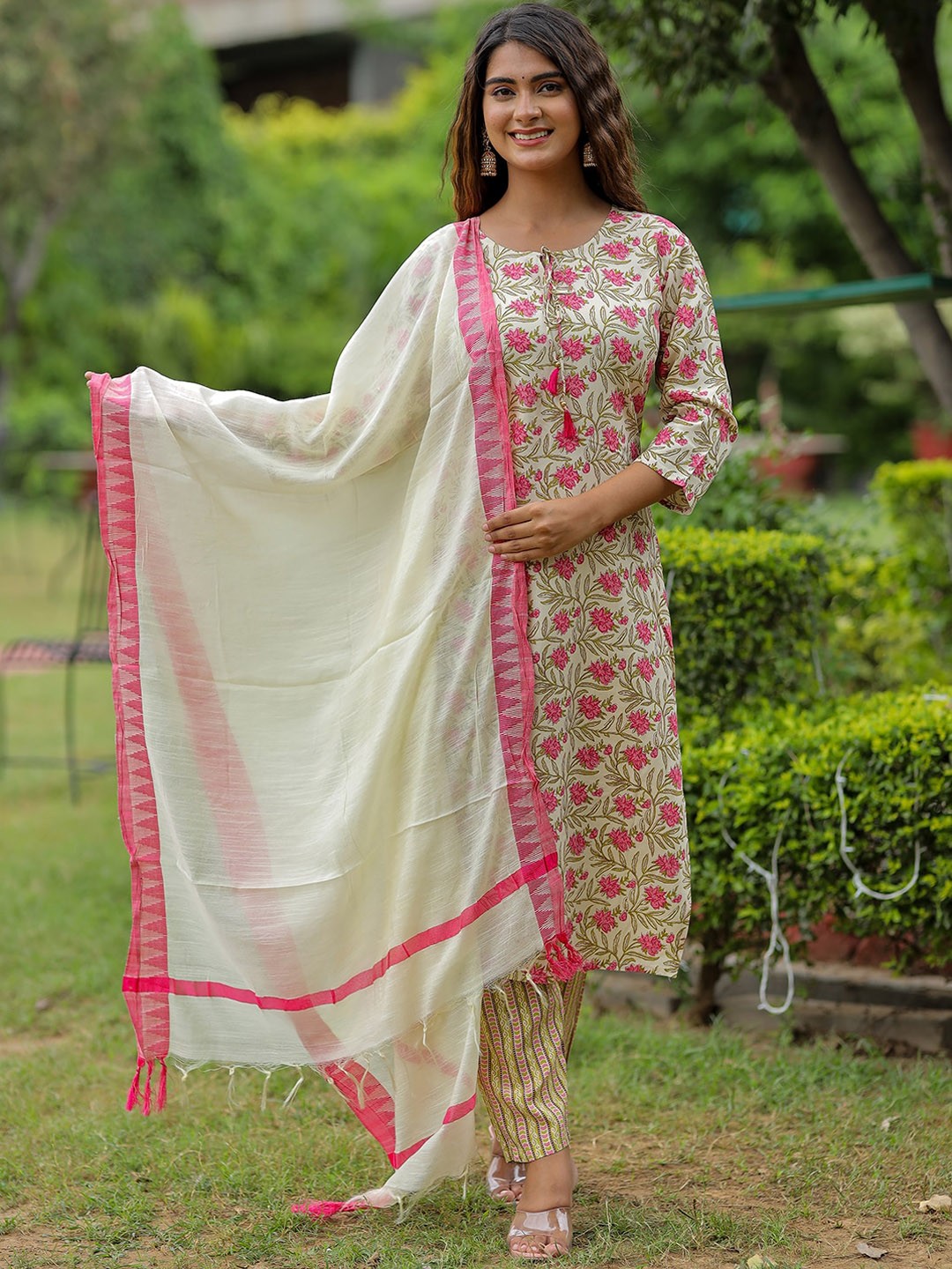 

KALINI Floral Printed Tie-Up Neck Pure Cotton Kurta with Trousers & Dupatta, Beige