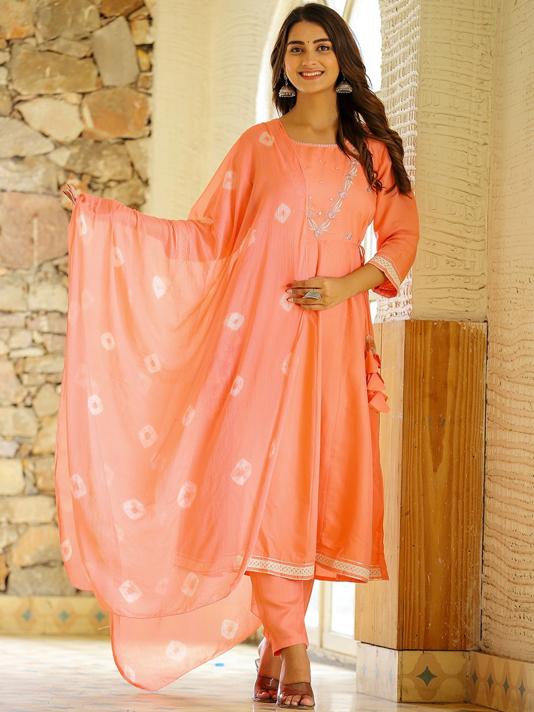 

KALINI Ethnic Motifs Yoke Design Pure Cotton Anarkali Kurta & Trousers With Dupatta, Peach