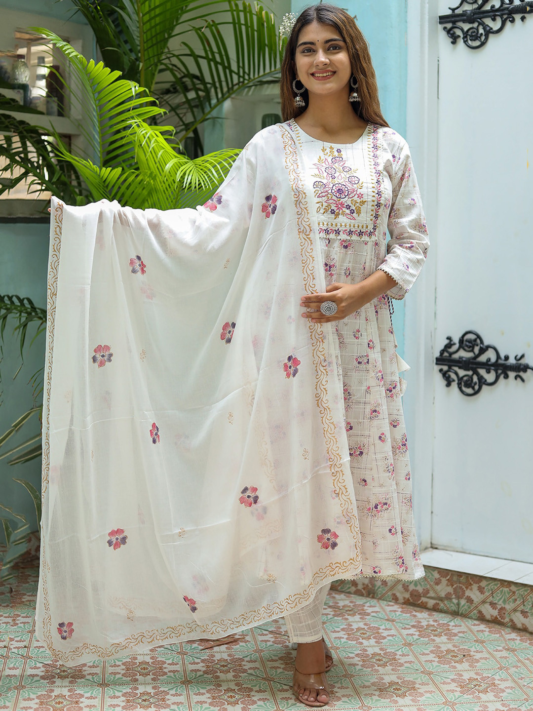 

KALINI Floral Embroidered Anarkali Kurta & Trousers With Dupatta, Pink