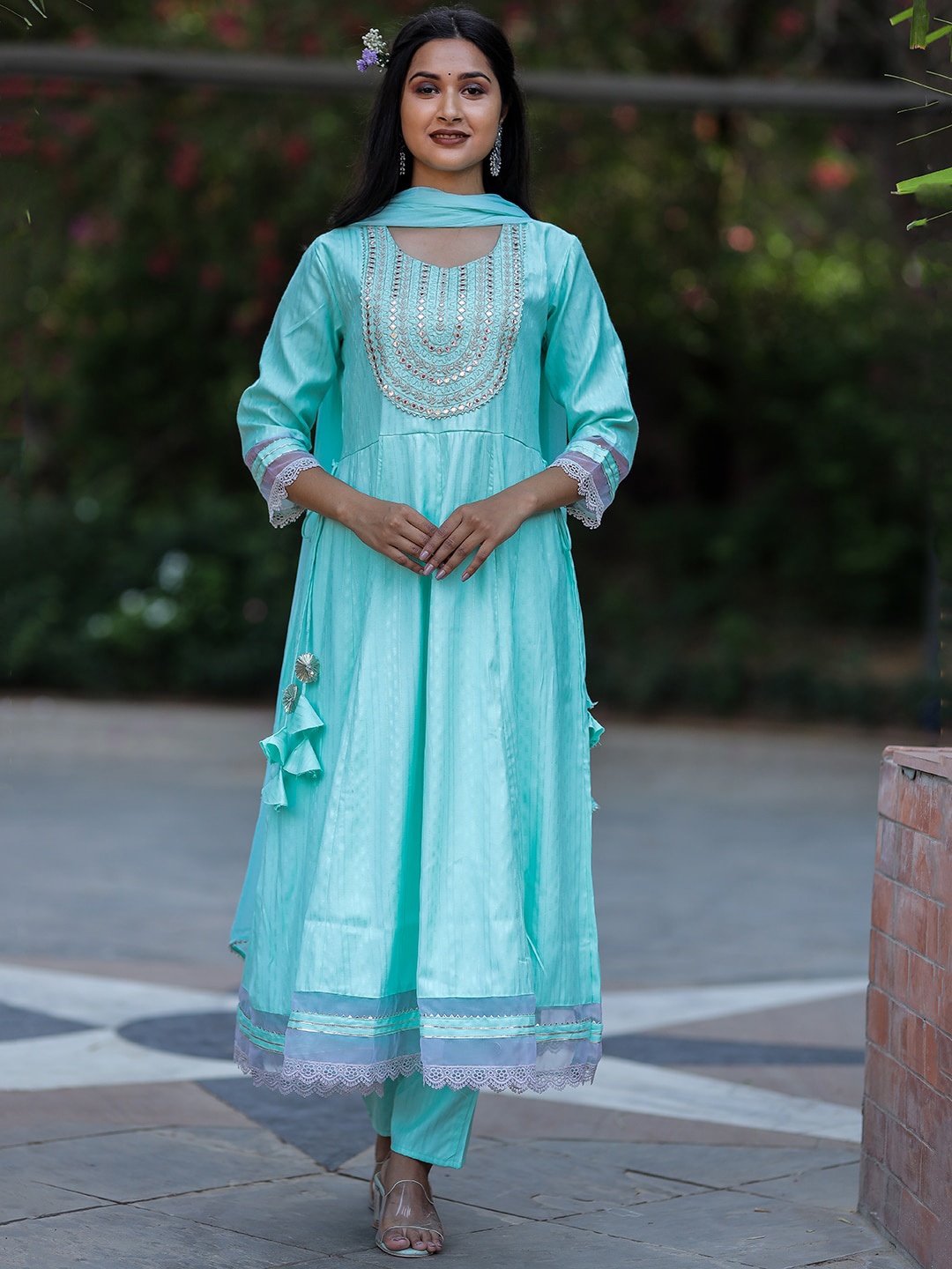 

KALINI Ethnic Motifs Embroidered Anarkali Kurta & Trousers With Dupatta, Teal