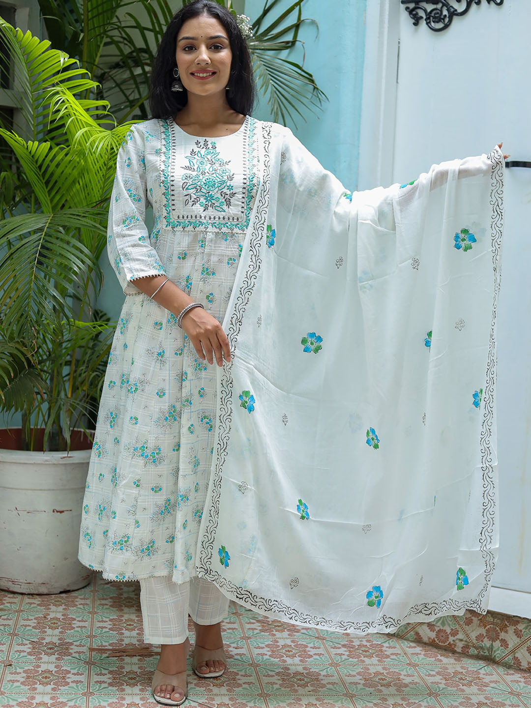 

KALINI Floral Printed Embroidered A-Line Kurta & Trousers With Dupatta, Green