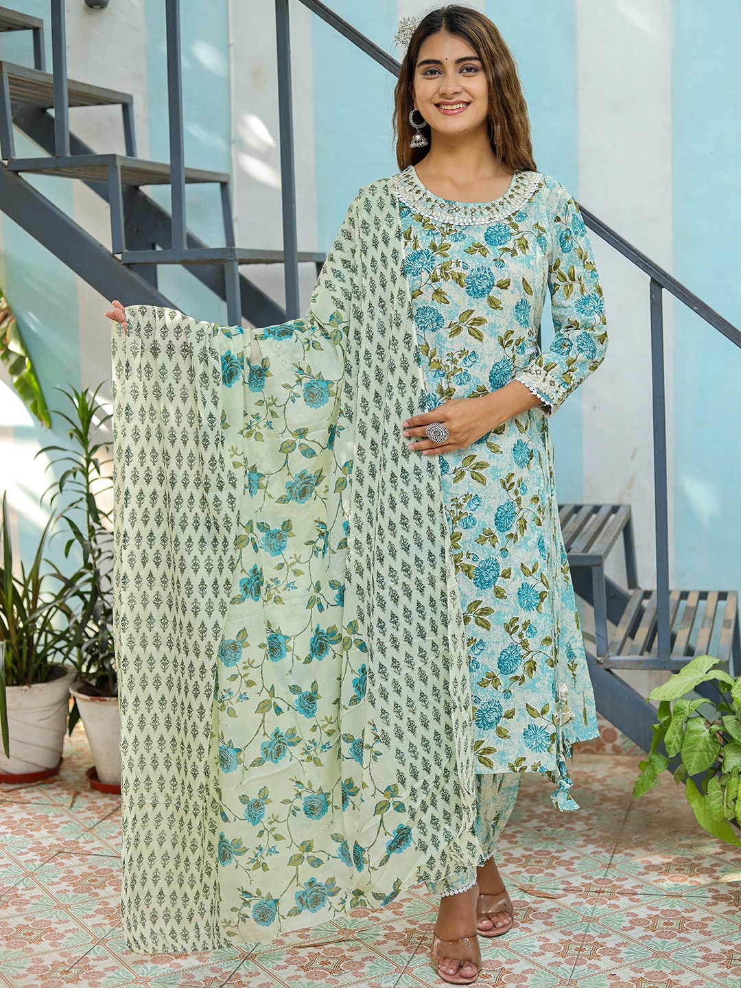 

KALINI Floral Printed Regular Lace-Up Detail Kurta with Trouser & With Dupatta, Blue