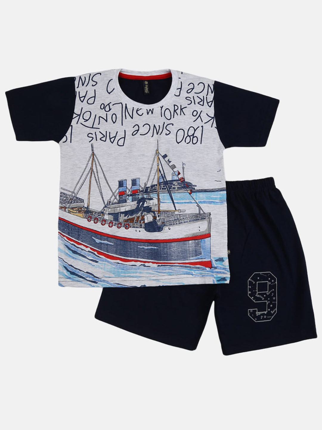 

V-Mart Boys Printed Pure Cotton T-shirt With Shorts, Grey