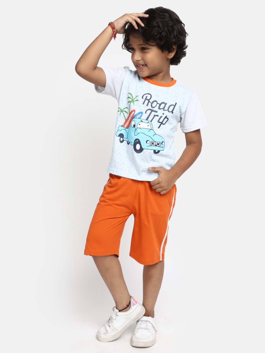 

V-Mart Boys Printed Round Neck Short Sleeves Pure Cotton T-shirt with Shorts, Orange