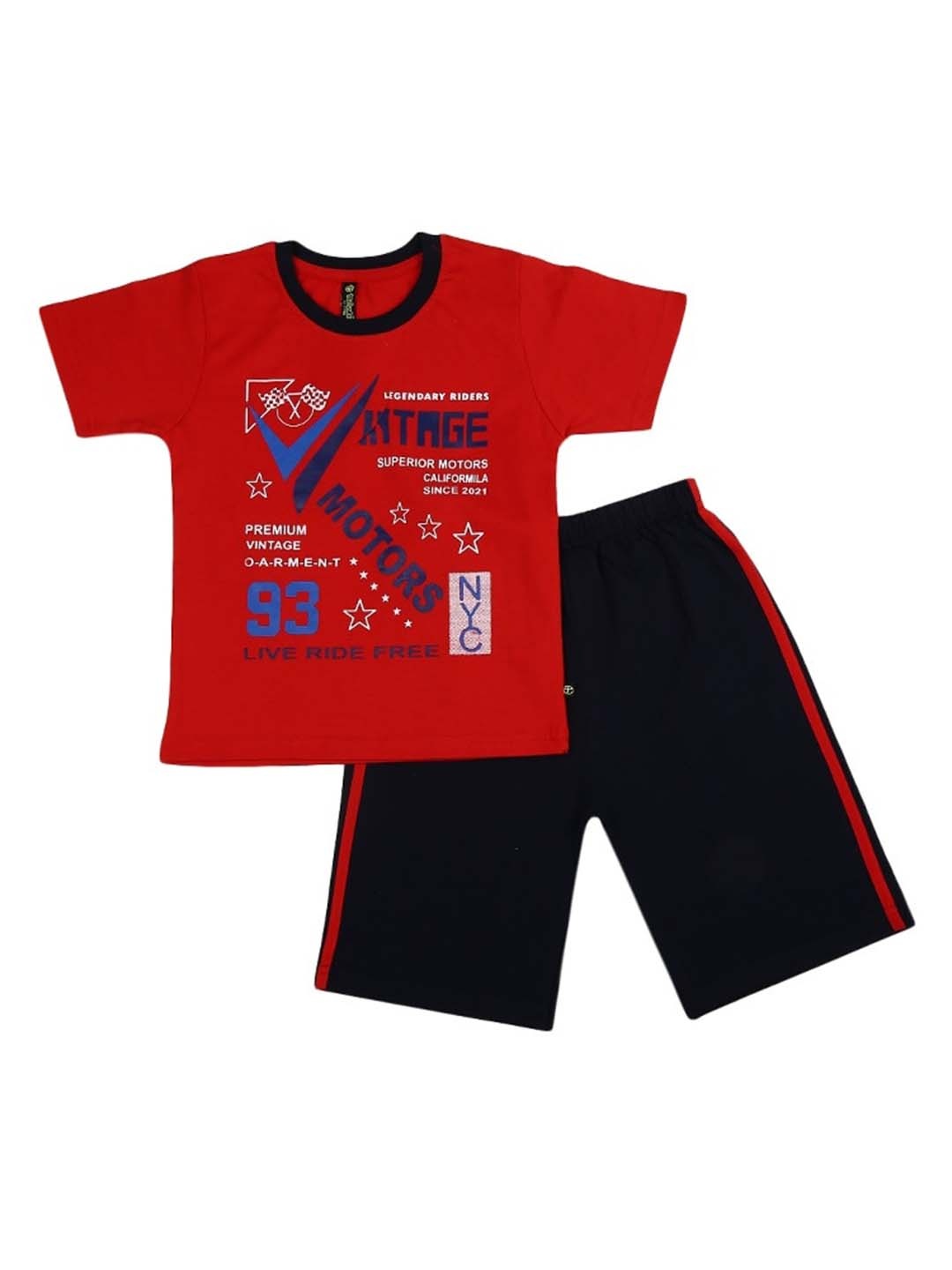 

V-Mart Boys Printed Pure Cotton T-shirt With Shorts, Red