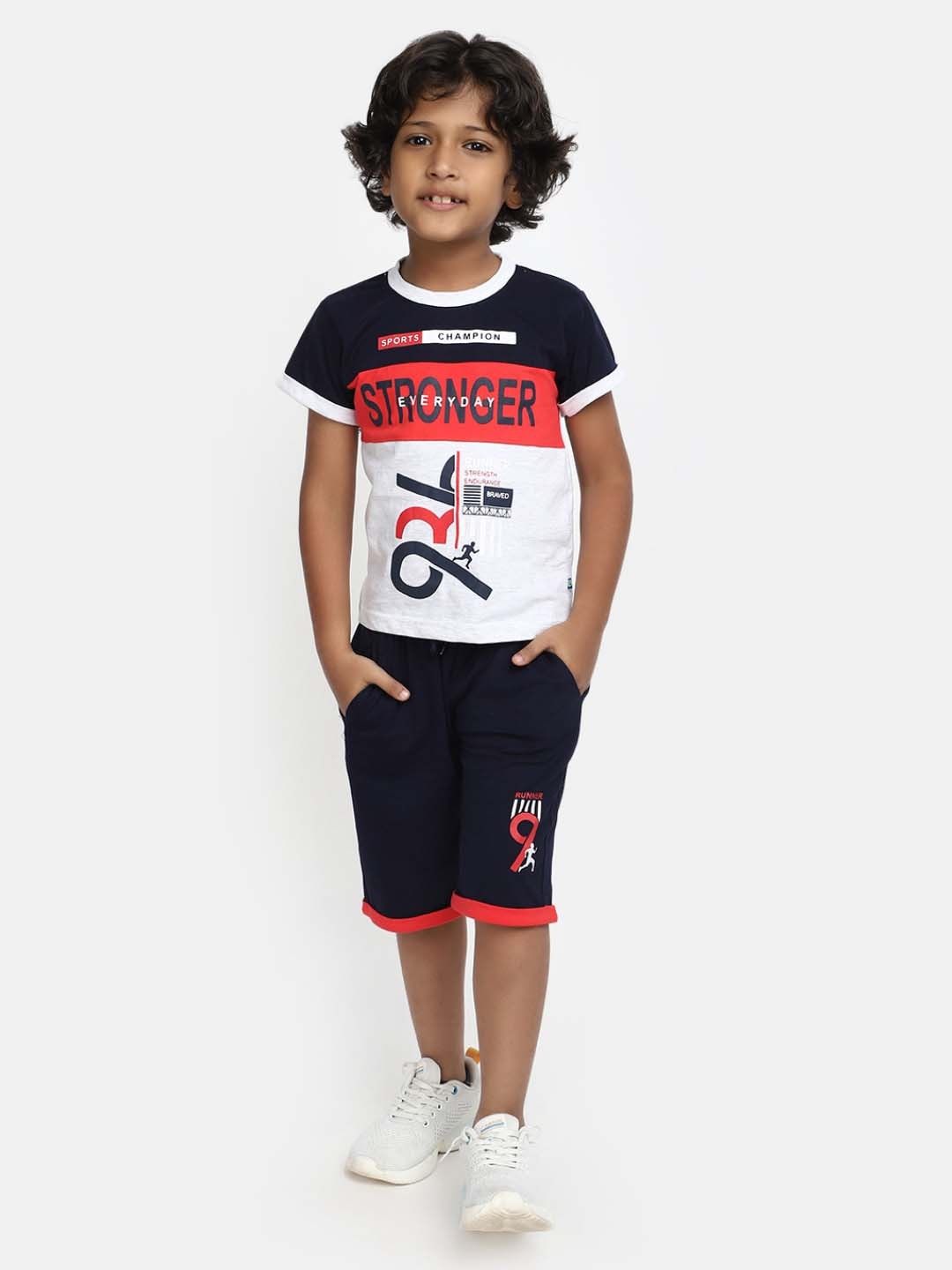 

V-Mart Boys Typography Printed Pure Cotton T-shirt with Shorts, Navy blue