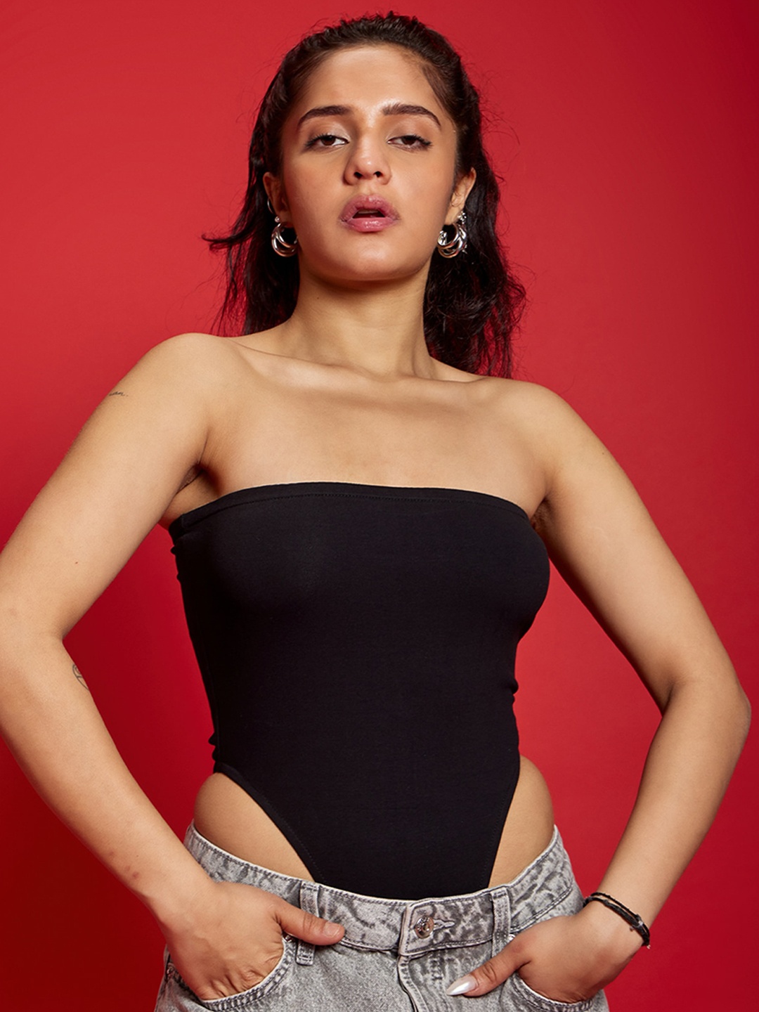 

CRAYY HEADS Strapless Cotton Tube Bodysuit, Black