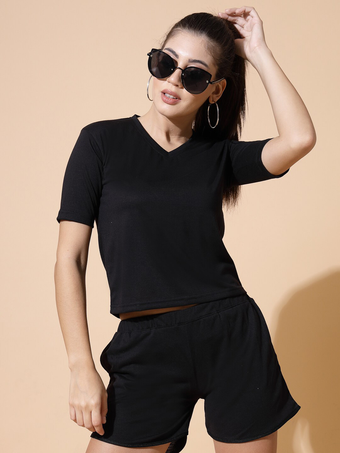 

HILL STREET V-Neck T-Shirt With Straight Shorts Co-Ords, Black