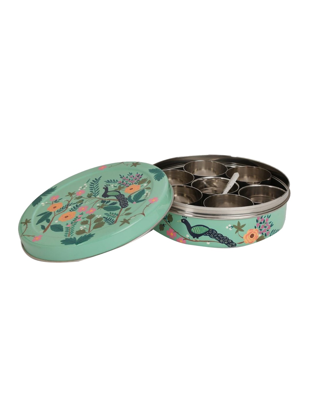 

Indikluster 10 Pcs Green Printed Stainless Steel Spice Box With Spoon