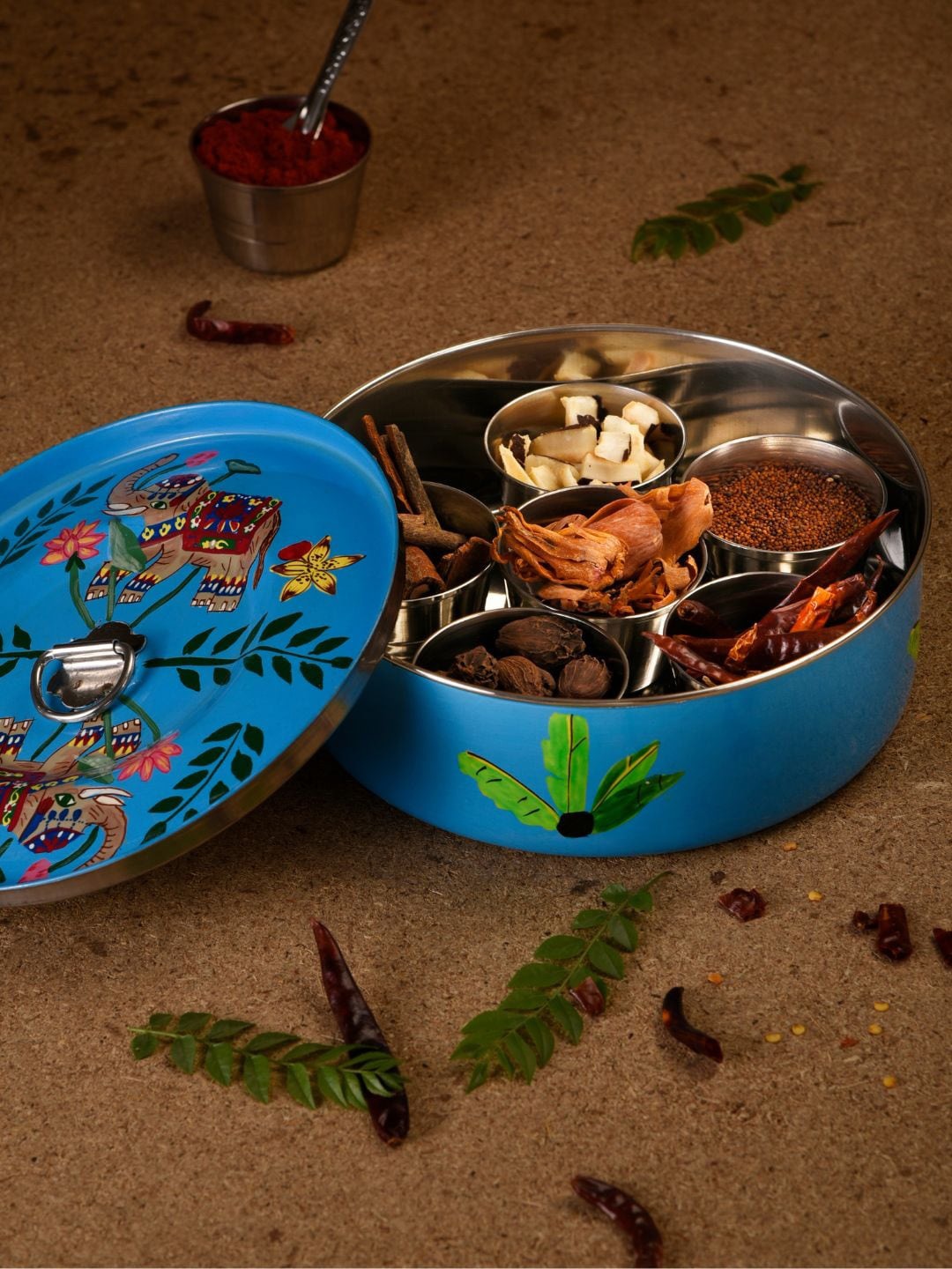 

Indikluster 10 Pcs Blue & Green Printed Stainless Steel Spice Box With Spoon