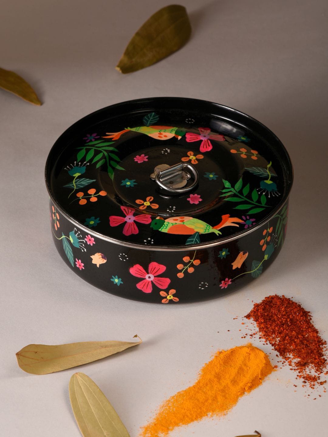 

Indikluster 10 Pcs Black & Pink Printed Stainless Steel Spice Box With Spoon