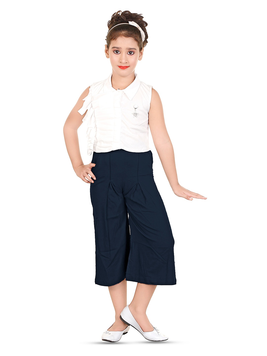 

BAESD Girls Round Neck Ruffles Top With Palazzos, Navy blue