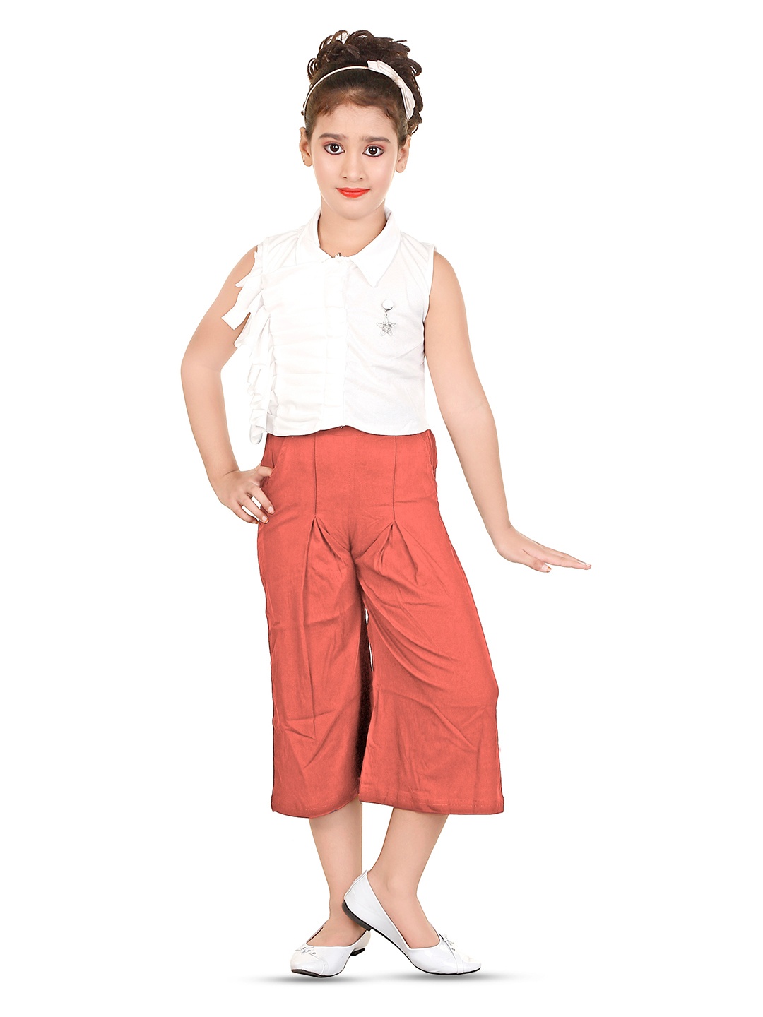

BAESD Girls Round Neck Ruffles Top With Palazzos, Peach