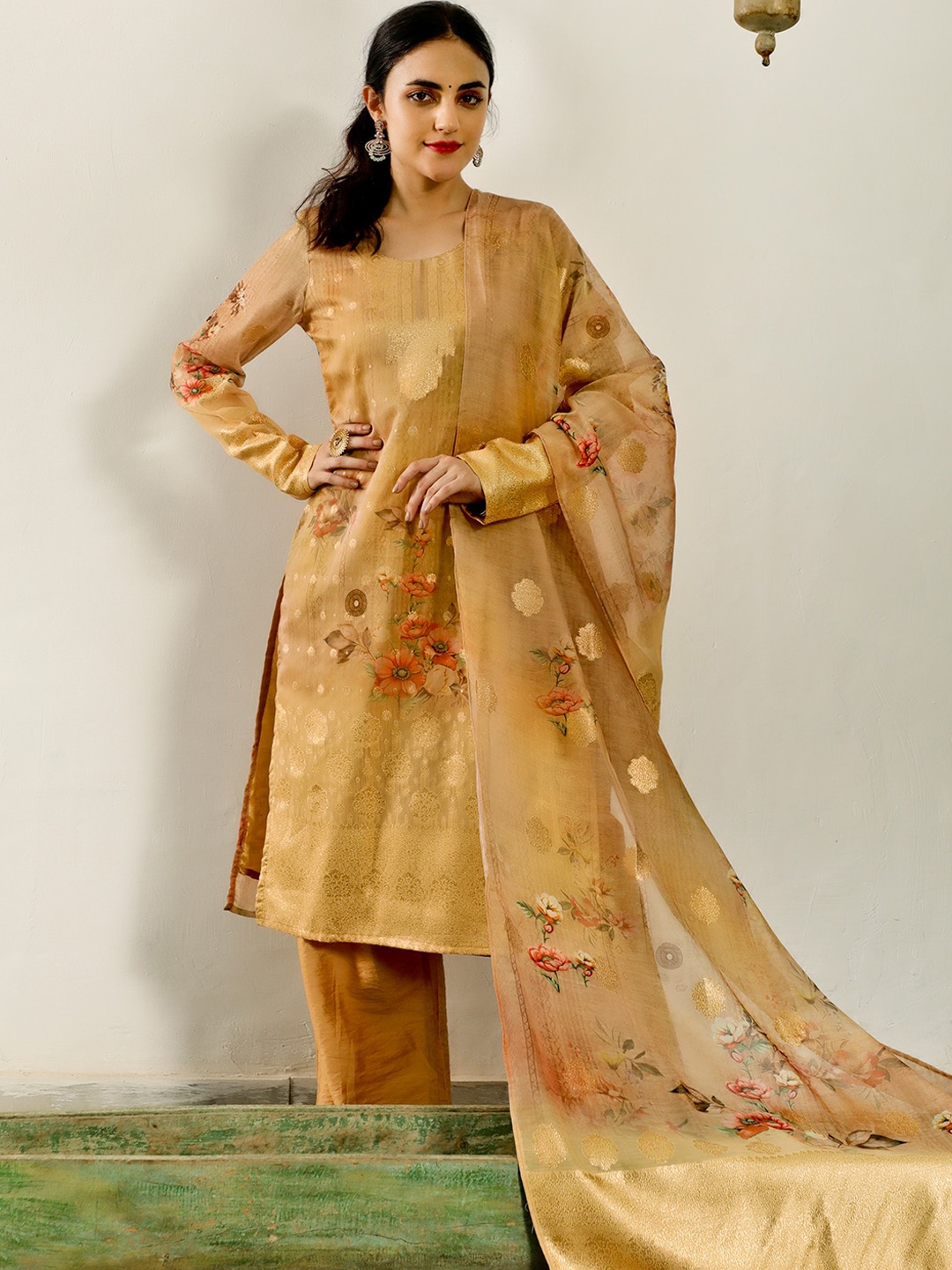 

AKS Couture Floral Printed Straight Kurta & Trousers With Dupatta, Beige