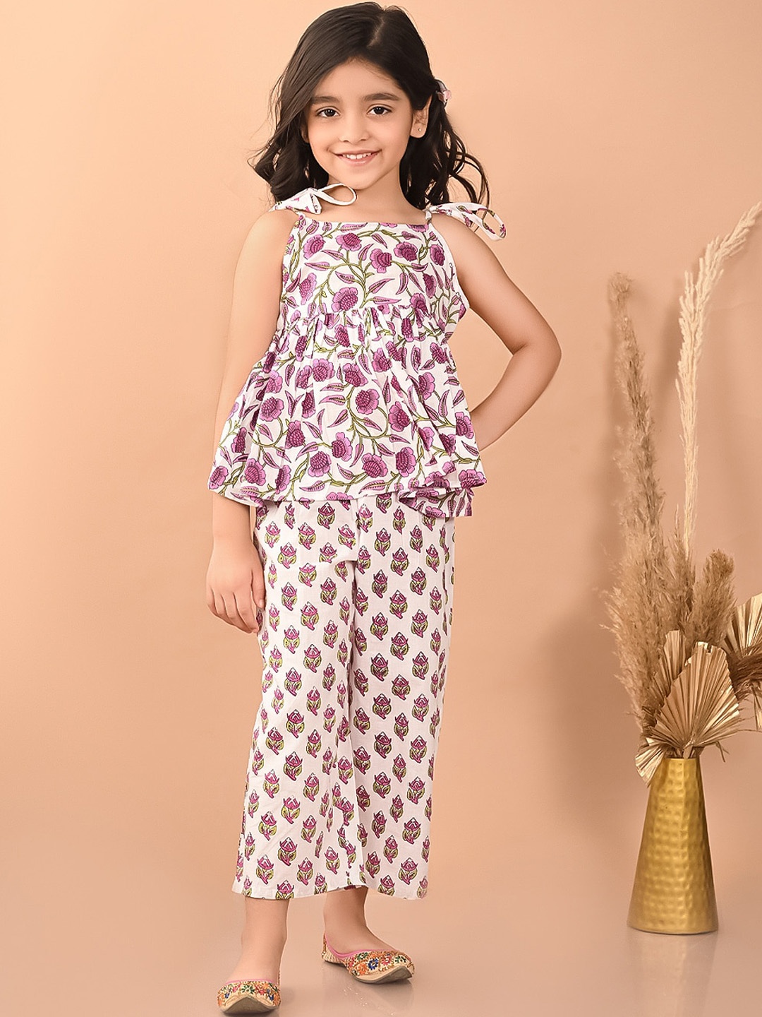 

LilPicks Girls Floral Printed Peplum Cotton Top with Palazzos, White