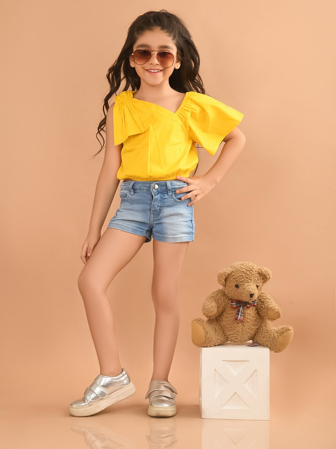 

LilPicks One-Shoulder Ruffles Cotton Blouson Top, Yellow