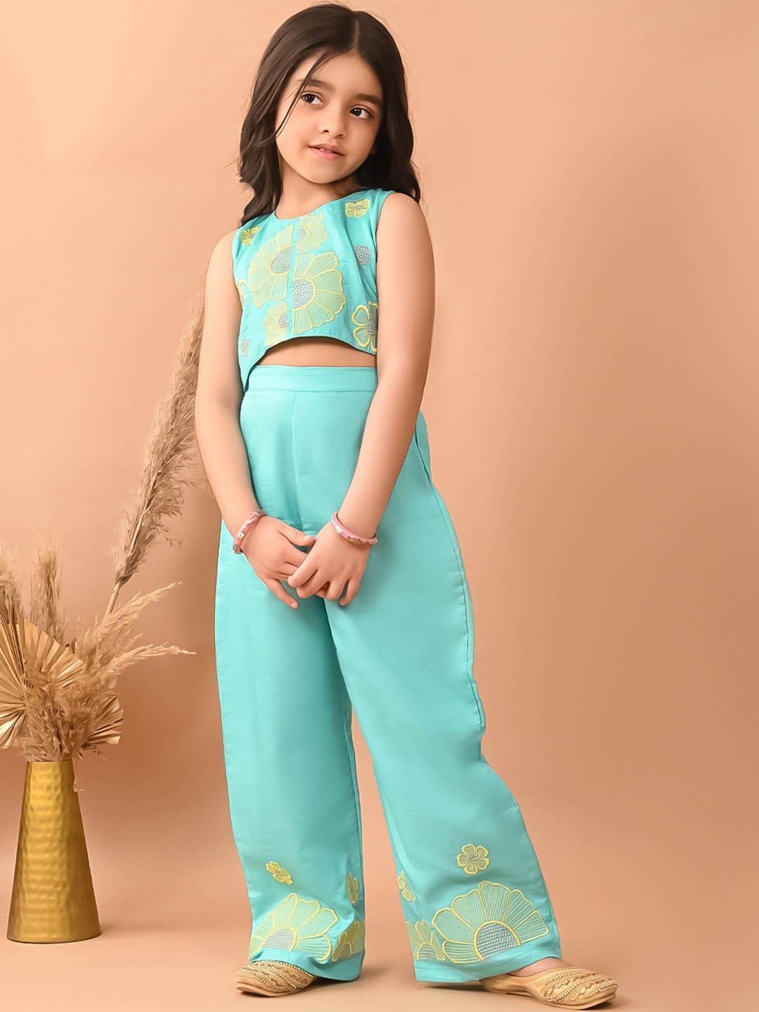 

LilPicks Girls Floral Embroidered Top with Palazzos, Turquoise blue