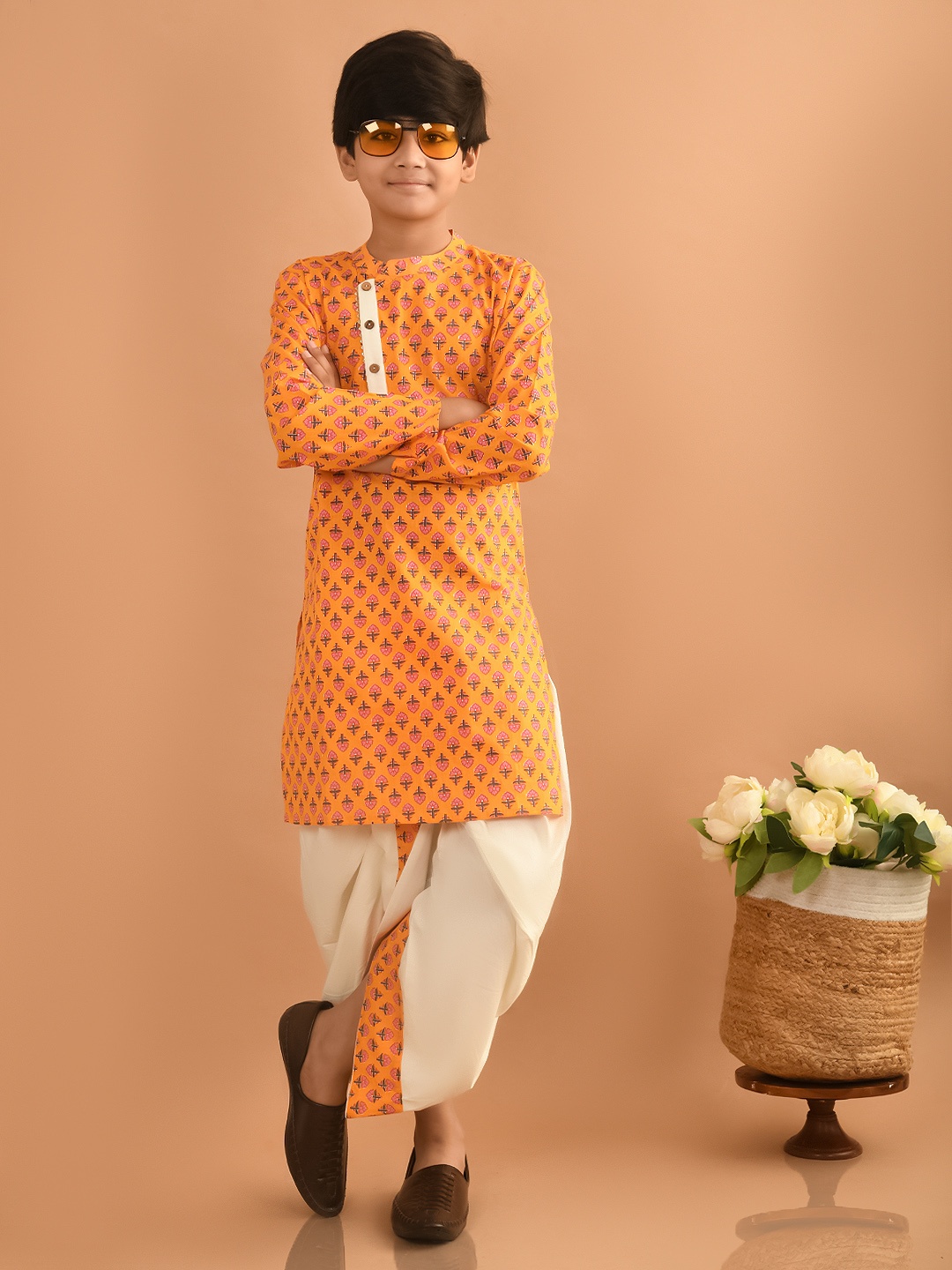 

LilPicks Boys Ethnic Motifs Printed Gotta Patti Cotton Straight Kurta with Dhoti Pants, Yellow