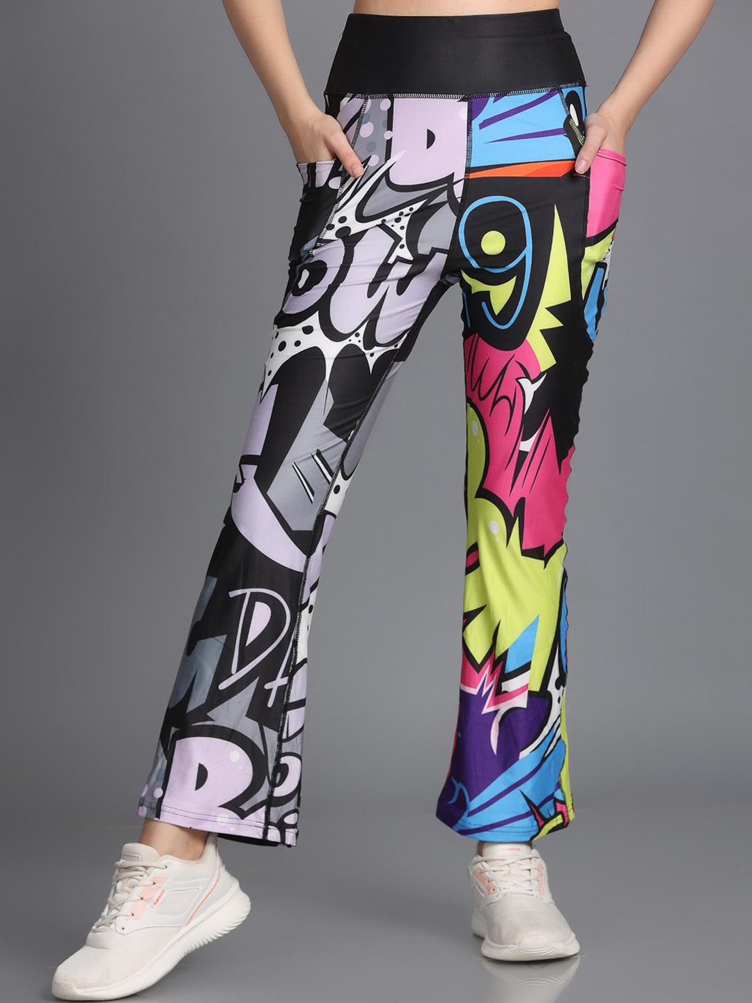 

The Dance Bible Women Graphic Printed Flared High-Rise Yoga Track Pants, Black
