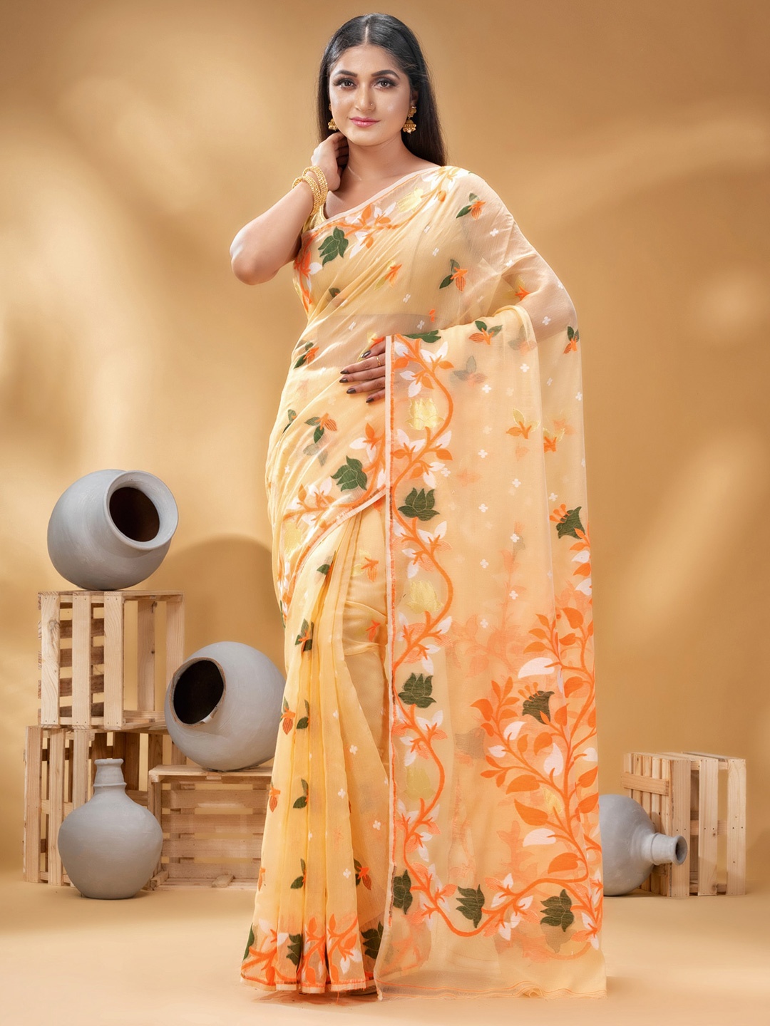 

DESH BIDESH Floral Woven Design Pure Cotton Jamdani Saree, Orange