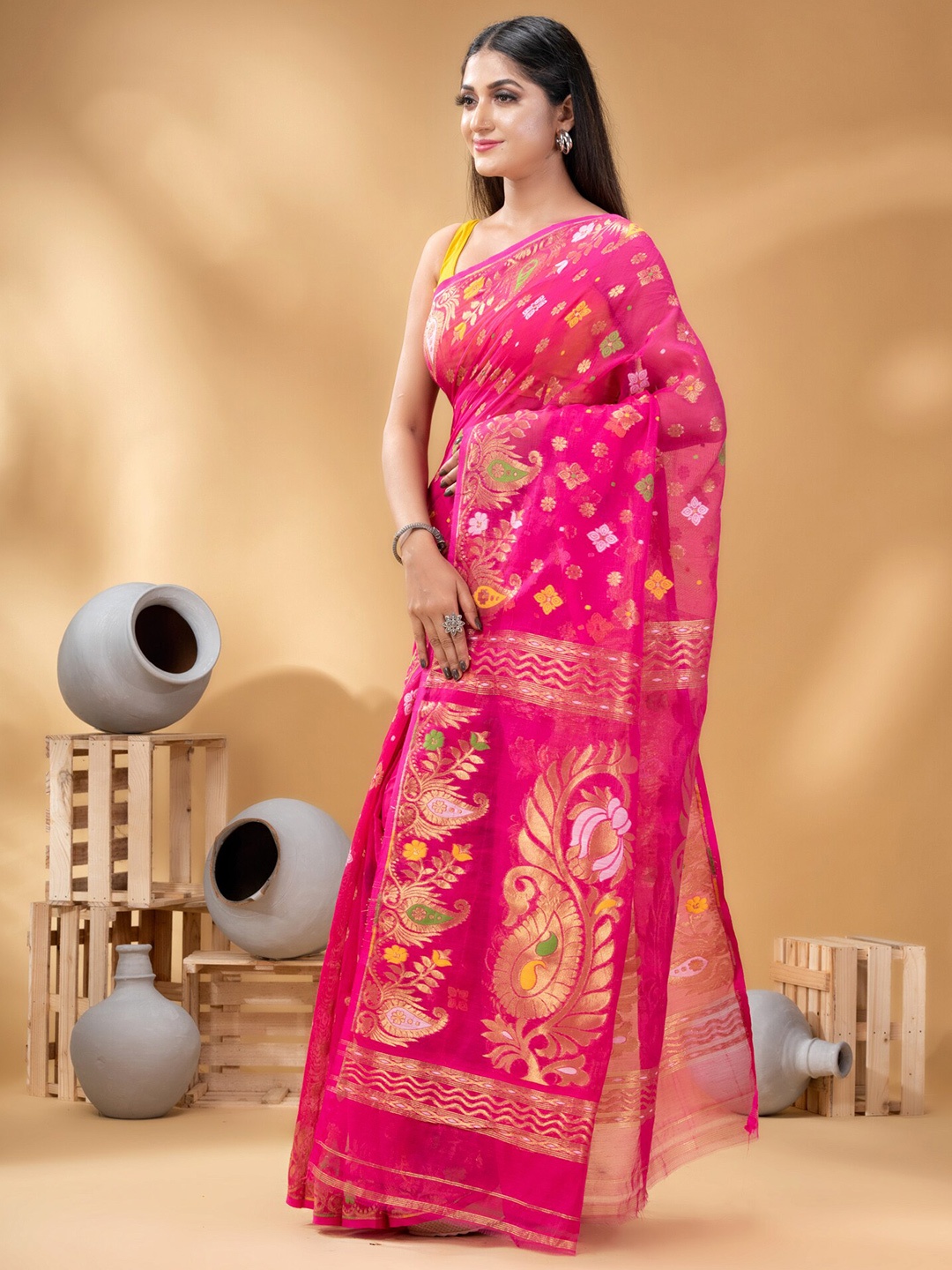 

DESH BIDESH Ethnic Motifs Woven Design Zari Pure Cotton Jamdani Saree, Pink