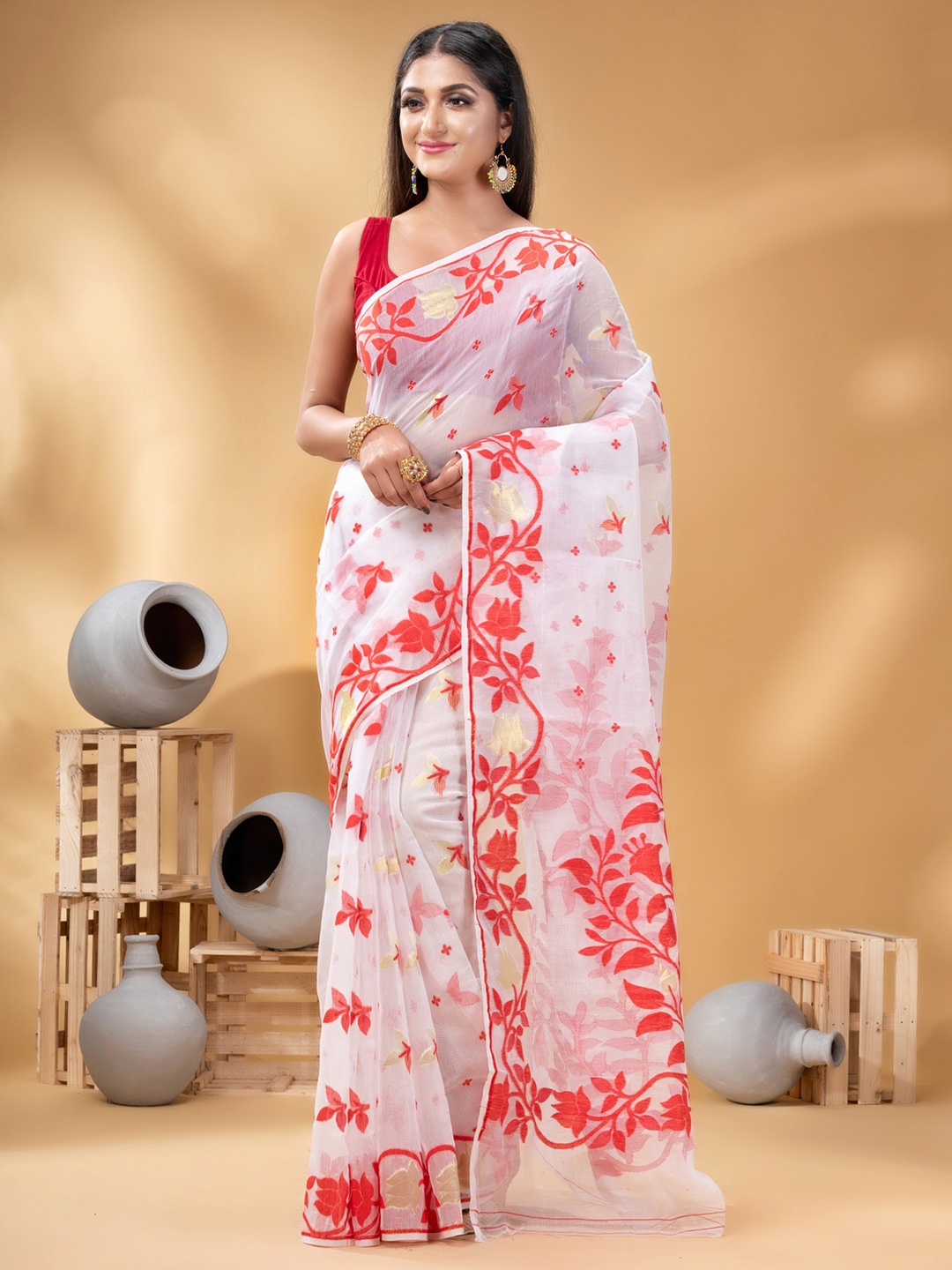 

DESH BIDESH Floral Woven Design Pure Cotton Jamdani Saree, Red